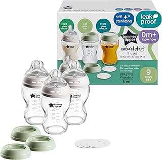 Tommee Tippee Natural Start 9 oz Glass Baby Bottles, Self Sterilizing, BPA & Phthalates Free, 0+ Months, Slow Flow Breast-Like Nipple for a Natural Latch, Travel Jar Lids, Cup Rings, Pack of 3