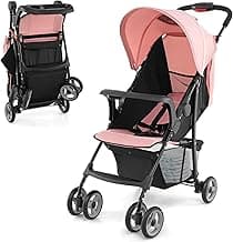 HONEY JOY Lightweight Stroller, Compact Travel Stroller for Airplane, Toddler Fold Pushchair w/Adjustable Canopy & Backrest, Storage Basket, Umbrella Stroller for Infants (Pink)