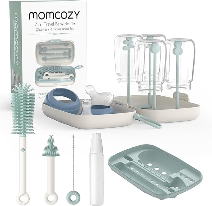 Momcozy 7 in 1 Travel Bottle Cleaning Kit - Baby Bottle Cleaner Set with Silicone Brush, Nipple Brush, Straw Brush, Soap Dispenser, Drying Rack - Home and Travel Bottle Cleaning Tools for Infants