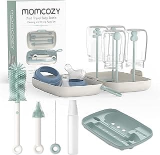 Momcozy 7 in 1 Travel Bottle Cleaning Kit - Baby Bottle Cleaner Set with Silicone Brush, Nipple Brush, Straw Brush, Soap Dispenser, Drying Rack - Home and Travel Bottle Cleaning Tools for Infants
