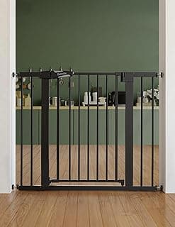 BABELIO 26"-40" Easy Install Extra Wide Pressure Mounted Metal Baby Gate, No Drilling, No Tools Required, with Wall Protectors and Extension Kits, 30" High, Black