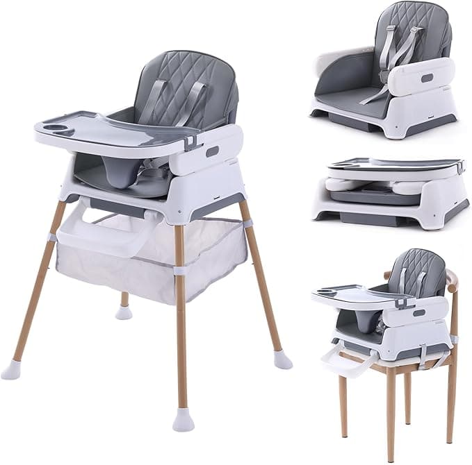 3 in 1 Baby High Chair, Booster Seat, Convertible Baby High Chairs for Babies and Toddlers, Hrusitoo Adjustable Compact Infant Feeding Chair (Light Gray)