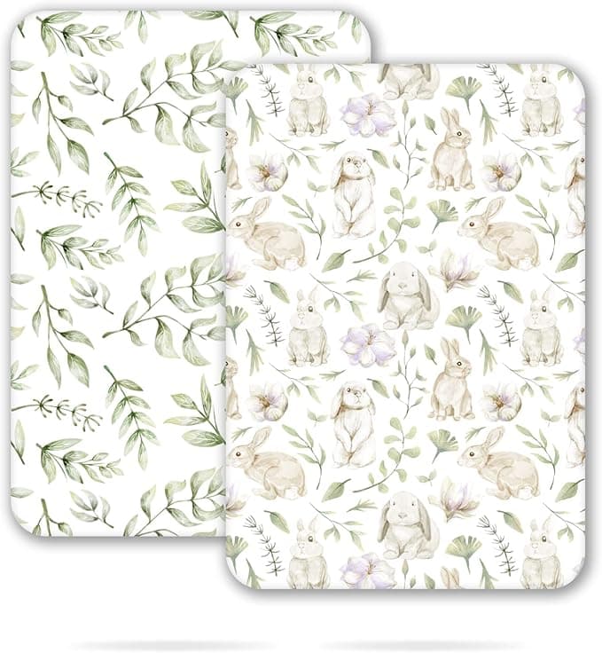 TCBunny 2 Pack Premium Fitted Baby 38X26“ Mini Crib Sheets, Pack N Play Bassinet Sheets - Ultra-Soft 100% Cotton, Stylish Rabbit, and Garden Pattern, Safe and Snug for Baby