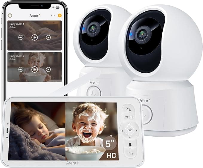 Arenti Baby Monitor 2 Cameras, Smart WiFi 6 Baby Cameras with 5-Inch Upgraded Wireless Display, 360° View, Auto-Night Vision, Temperature Sensor, Sound & Motion Detection, 2 Way Audio, VOX Mode (B2)