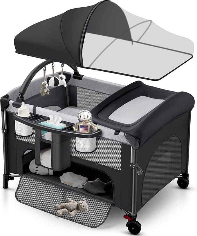 4 in 1 Baby Bassinet Bedside Crib with One-Hand Setup & Waterproof Mattress – ASTM-Certified Pack and Play, Portable Foldable Playard with Diaper Changer for Newborn to Toddler (black)