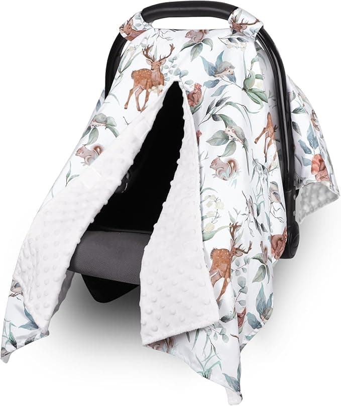 TANOFAR Baby Carseat Canopy, Peekaboo Opening Car Seat Canopy for Babies, Soft and Breathable Infant Carrier Canopy, Multi-use Baby Carrier, Stroller, Nursing Cover, Minky Blanket, Animal Leaf