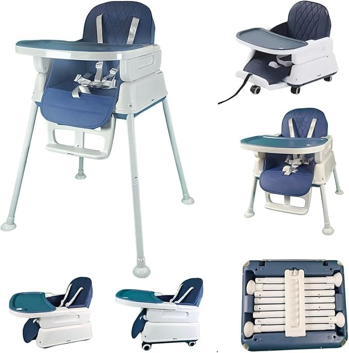 7-in-1 Fully Convertible Baby High Chair – Newborn to Toddler Booster, Foldable & Portable, Easy-Clean Washable Cushion, Removable Tray, 5-Point Safety Harness – Grows with Your Child (Dark Blue)