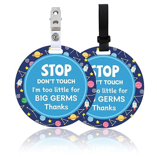 ORIGACH 2 Pack Stop Do Not Touch Baby Signs, Planets and Rockets Don't Touch Thanks Baby Car Seat Sign or Stroller Tag with Hanging Strap and Clip, No Touching Baby Carrier Tag for Preemie Newborn