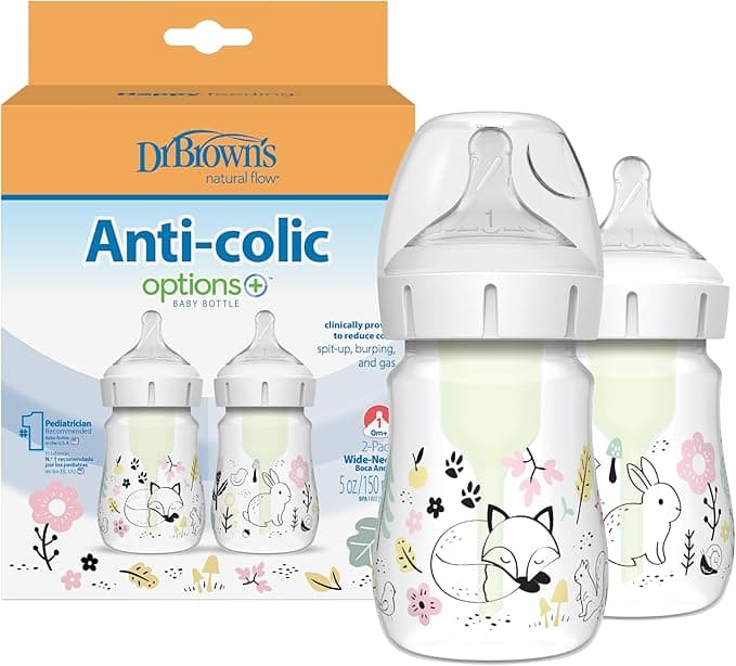 Dr. Brown’s Natural Flow Anti-Colic Options+ Wide-Neck Baby Bottle Designer Edition Bottles, Woodland Decos, 5 oz/150 mL, Level 1 Nipple, 2-Pack, 0m+