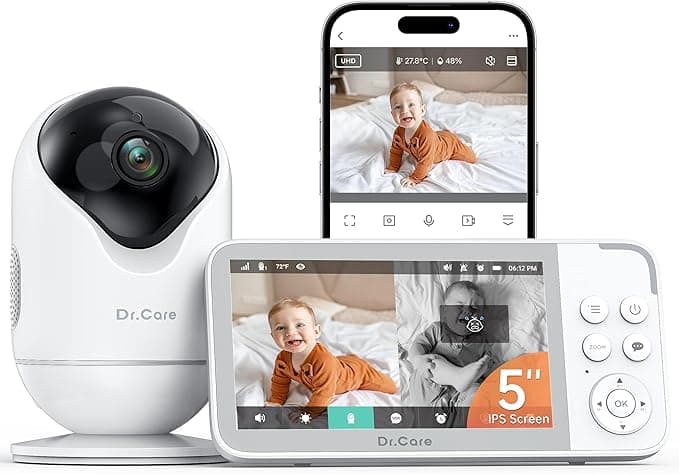 Dr.Care VistaView Smart WiFi Baby Monitor - 5” 1080P Split Screen & 2K Camera App Control, Cry & Motion Alerts, HD Night Vision, 5000mAh Battery, 2-Way Talk, Multi-User, Triple Security, 1279ft Range