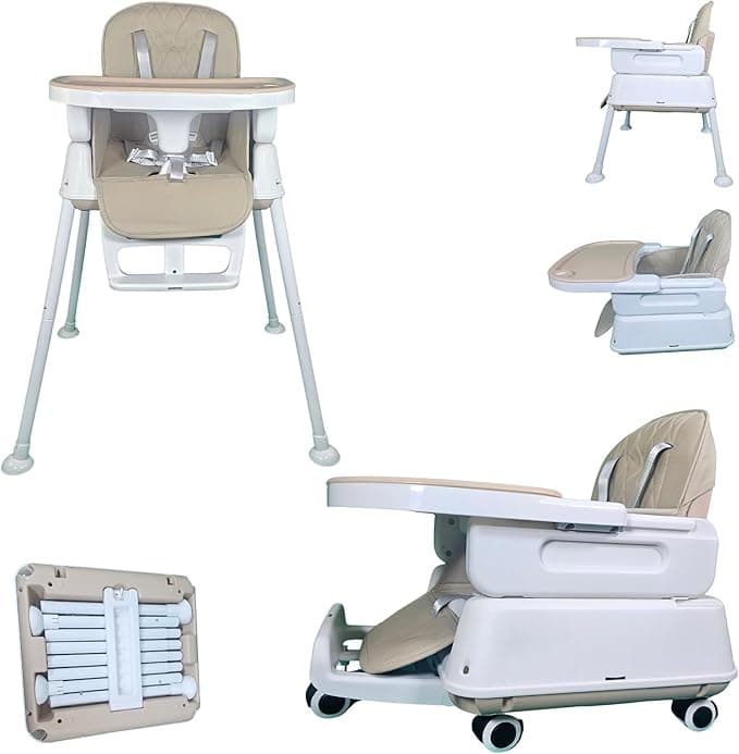 7-in-1 Fully Convertible Baby High Chair – Newborn to Toddler Booster, Foldable & Portable, Easy-Clean Washable Cushion, Removable Tray, 5-Point Safety Harness – Grows with Your Child (Kakhi)