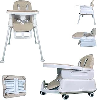 7-in-1 Fully Convertible Baby High Chair – Newborn to Toddler Booster, Foldable & Portable, Easy-Clean Washable Cushion, Removable Tray, 5-Point Safety Harness – Grows with Your Child (Kakhi)