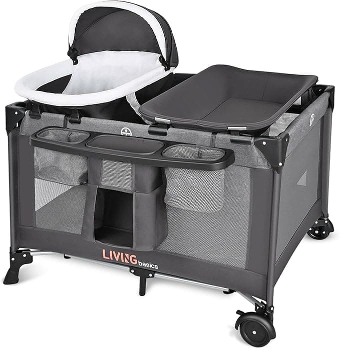 LIVINGbasics 4 in 1 Baby Playard, Foldable Baby Bassinet with Removable Cradle and Changing Table for Home/Travel/Outdoor