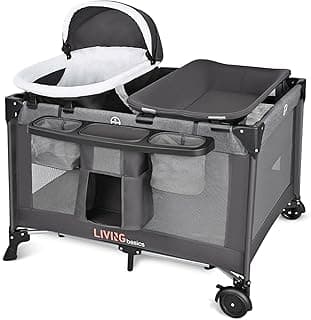 LIVINGbasics 4 in 1 Baby Playard, Foldable Baby Bassinet with Removable Cradle and Changing Table for Home/Travel/Outdoor