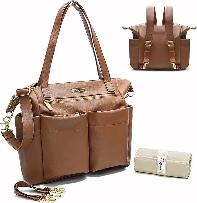 Diaper Bag Tote By miss fong Baby Bag Leather Diaper Bag Backpack for girls & boys Large Diaper Tote Bag with 11 Pockets,Changing Pad, Stroller Straps,4 Insulated Pockets