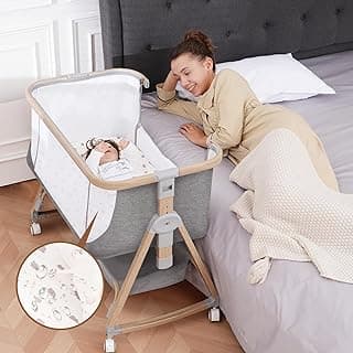 Baby Bassinet Bedside Sleeper - 3 in 1 Bassinets with Waterproof Sheets, Soft Mattress and Breathable Mesh, Adjustable Height Bedside Bassinet for Baby with Wheels, Storage Basket, Gray