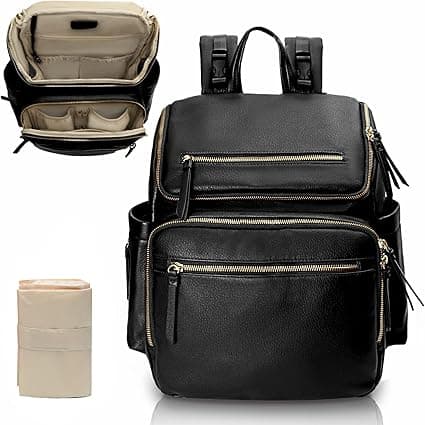 Omanmoli Diaper Bag Backpack Baby Diaper Bag Leather with 17 Diaper Bag Organizing Pouches,Changing Pad,Stroller Straps,4 Insulated Pockets,Black