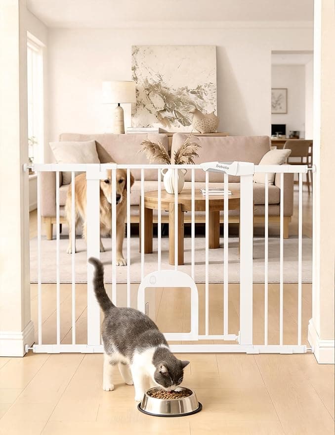 Babelio 29-48" Extra Wide Baby Gate with Adjustable Cat Door,Easy Install Pressure/Hardware Mounted Pet Door for Stairs,Doorways,House,Auto Close,White