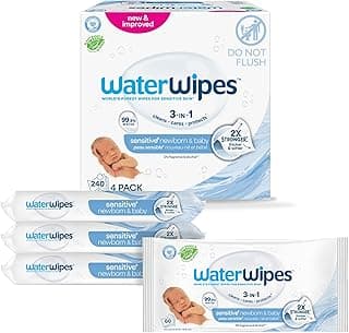 WaterWipes Plastic-Free Original Baby Wipes, 99.9% Water Based Wipes, Unscented & Hypoallergenic for Sensitive Skin, 240 Count (4 packs), Packaging May Vary
