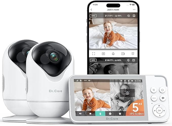 Dr.Care VistaView Smart WiFi Baby Monitor with 2 Cameras- 5” 1080P Split Screen & 2K Camera App Control, Cry & Motion Alerts, Night Vision, 5000mAh Battery, 2-Way Talk, Triple Security, 1279ft Range