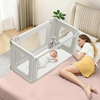 3 in 1 Baby Bassinet, Basinet Bedside Sleeper with Mosquito Net and Soft Mattress, Storage Bag, Foldable Bed Rail with Child Lock Suitable for Twin, Full, Queen, King Size, Gray