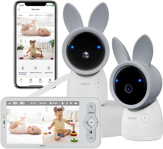 ARENTI Baby Monitor 2 Cameras, 3MP Baby Camera 2Pack with 5-inch LCD Screen, App Control, 2-Way Audio, Infrared Night Vision, Night Light, Temperature & Humidity Sensor, Cry & Motion Detection