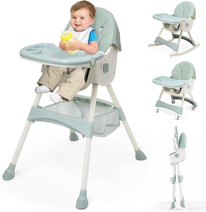 3-in-1 Foldable Baby High Chair Adjustable Convertible Feeding Chair Babies and Toddlers Portable Booster Seat Rocking Chairs Reclining Seat with PU Cushion and Double Tray