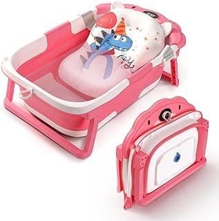 Baby Bathtub for Infant to Toddler,Collapsible Baby Bath Tub with Soft Cushion & Thermometer,Space Saving Foldable & Travel Newborn Bathtub 0-36 Months (Pink, Bear)