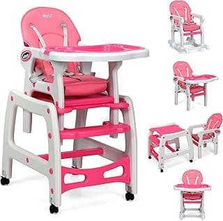 INFANS 5 in 1 Baby High Chair, Convertible Toddler Table Chair Set, Rocking Chair, Multi-Function Seat with Lockable Universal Wheels, Adjustable Seat Back, Removable Trays (Pink)