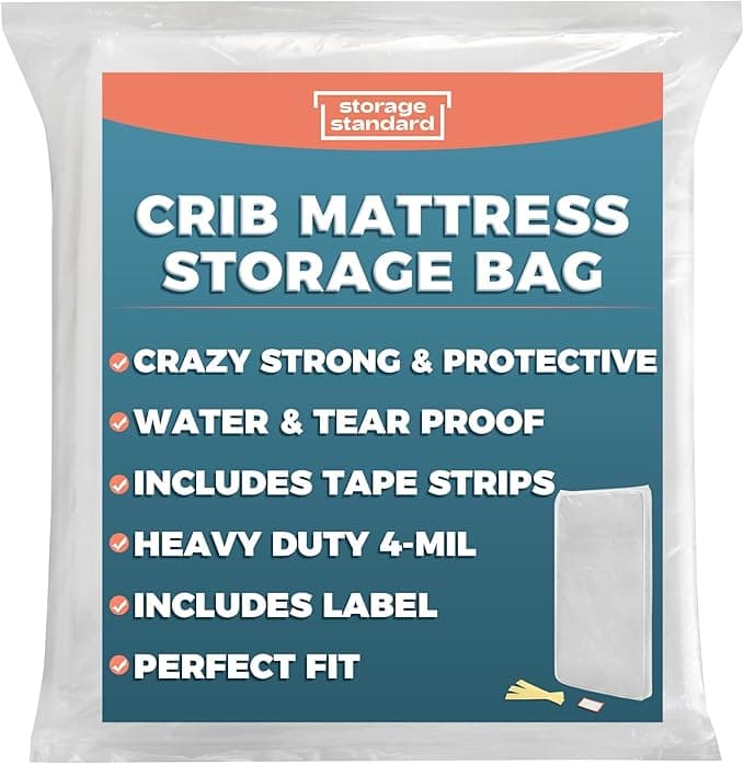 Storage Standard Crib Mattress Storage Bag - Waterproof & Reusable Mattress Bags for Moving, Heavy-Duty 4-Mil Plastic with Tape Strips & Label Sticker, 66 x 29 x 7 Inches, For Standard Crib Mattresses