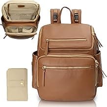 Omanmoli Diaper Bag Backpack Baby Diaper Bag Leather with 17 Diaper Bag Organizing Pouches,Changing Pad,Stroller Straps,4 Insulated Pockets,Brown