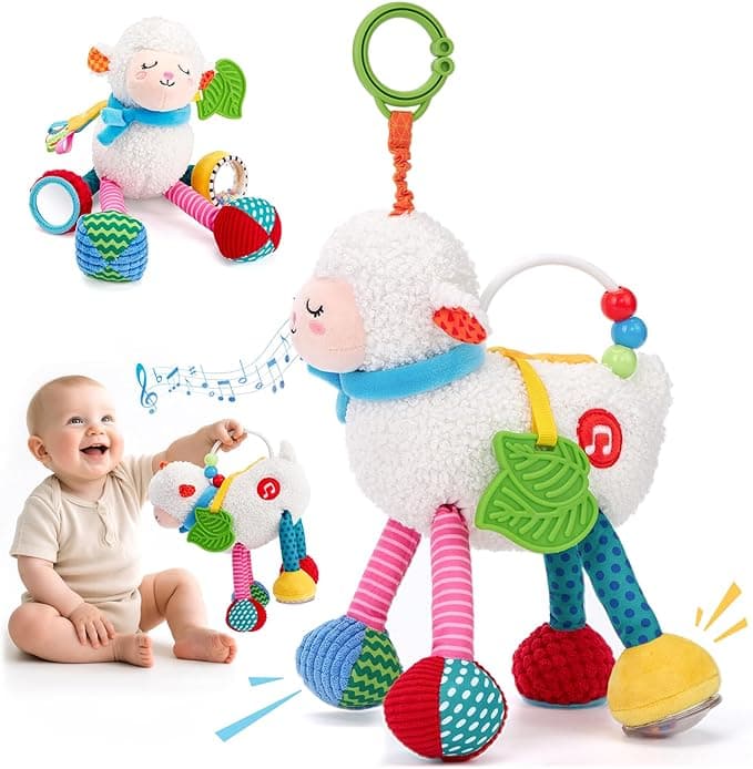 hahaland Car Seat Toys for Baby - Baby Toys 0 3 6 12 Months Sensory NewbornToy Musical Plush Sheep with Crinkle, Mirror, Teether & Rattle, Crib Hanging Stuffed Animal Stroller Toy, Baby Boy Girl Gifts