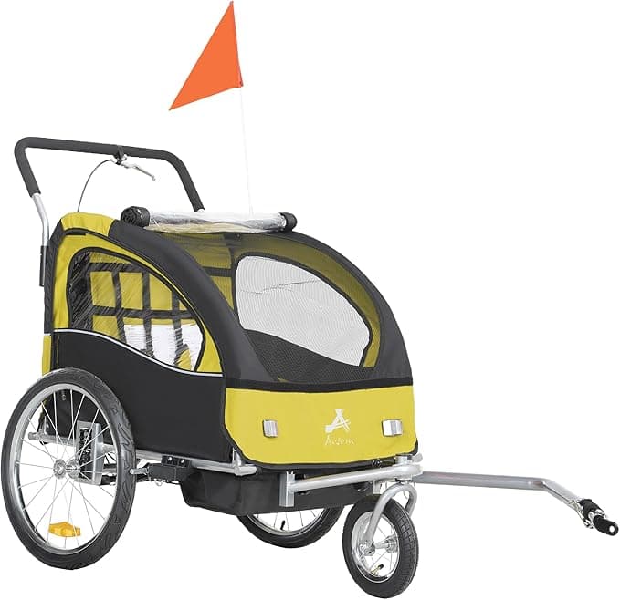 Aosom 2-Seat Bike Trailer for Kids, 2-in-1 Baby Stroller Bicycle Trailer 88 lbs Load with 5-Point Harness, Rubber Wheels, Storage, Safety Flag, Reflectors, Foldable Frame