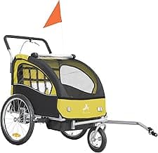 Aosom 2-Seat Bike Trailer for Kids, 2-in-1 Baby Stroller Bicycle Trailer 88 lbs Load with 5-Point Harness, Rubber Wheels, Storage, Safety Flag, Reflectors, Foldable Frame
