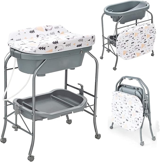 HONEY JOY 2-in-1 Baby Bathtub & Changing Table, Foldable Infant Diaper Changing Station with Wheels, Storage Tray, Waterproof Pad, Portable Newborn Nursery Organizer Bath Stand for Boys Girls (Gray)