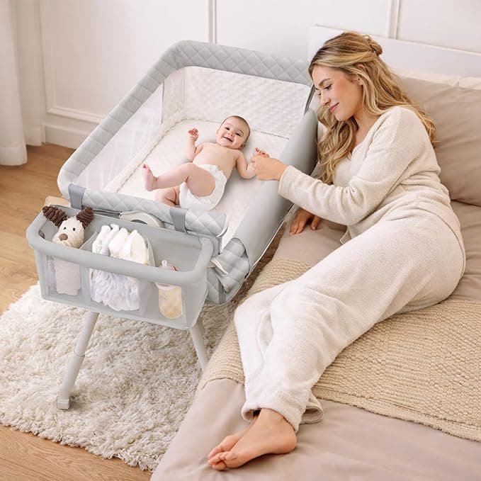 Baby Bassinet Bedside Crib, 4-in-1 Baby Bassinet Bedside Sleeper for Newborn with Mesh & Mattress, Easy Move Crib for Newborns with Lockable Wheels & Storage Basket, 4-Adjustable Height(Grey)