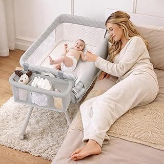 Baby Bassinet Bedside Crib, 4-in-1 Baby Bassinet Bedside Sleeper for Newborn with Mesh & Mattress, Easy Move Crib for Newborns with Lockable Wheels & Storage Basket, 4-Adjustable Height(Grey)