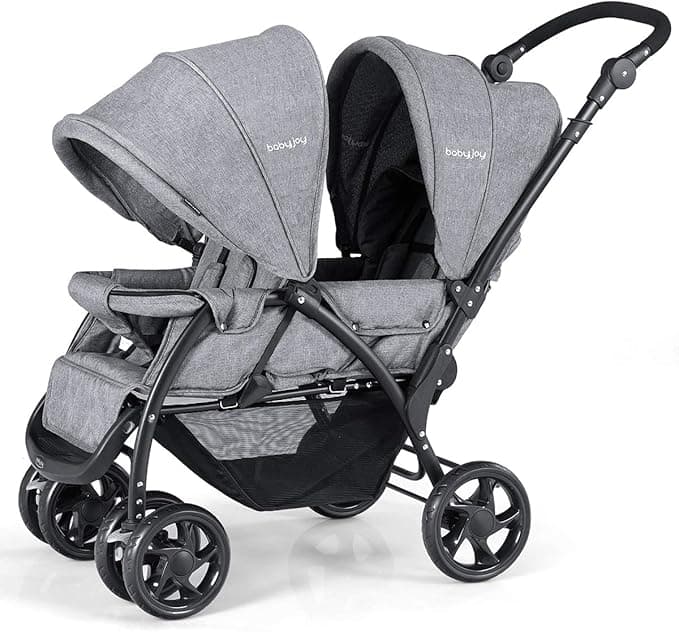 BABY JOY Double Stroller, Foldable Lightweight Twin Stroller with Tandem Seating, Adjustable Backrest/Canopy/Footrest, 5-Point Harness & Storage Basket for Newborn and Toddler (Gray)