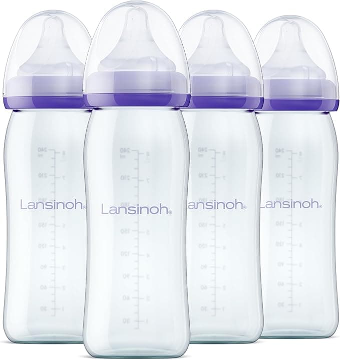 Lansinoh Anti-Colic Glass Baby Bottles for Breastfeeding Babies, 8 Ounces, 4 Count Bottles for Feeding, Baby Essentials, Includes 4 Medium Flow Nipples, Size M