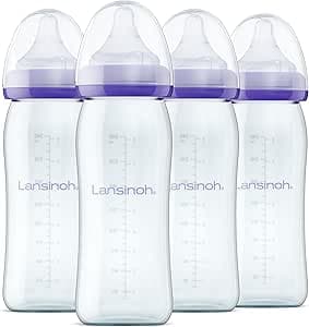 Lansinoh Anti-Colic Glass Baby Bottles for Breastfeeding Babies, 8 Ounces, 4 Count Bottles for Feeding, Baby Essentials, Includes 4 Medium Flow Nipples, Size M
