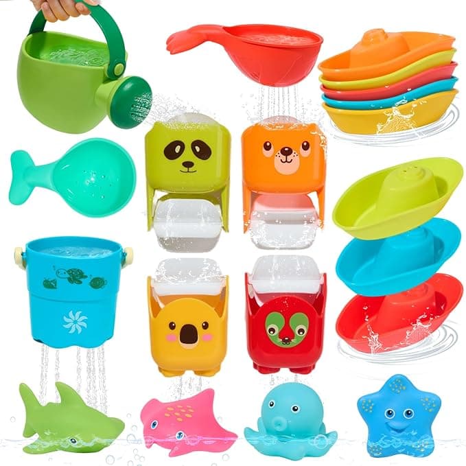 AMCHSURI Baby Bath Toys for Toddlers 1-3, 17Pack Mold Free Bathtub Pool Water Table Toys Easy Clean Floating Boats & Rotating Waterfall Cups & Watering Can and No Hole Bath Toy for Babies 12+ Months