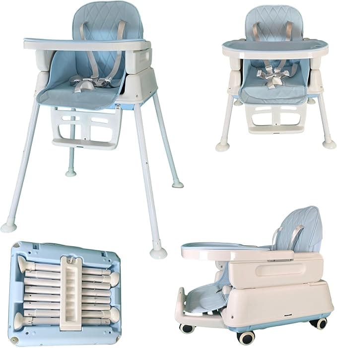 Popup closed 7-in-1 Fully Convertible Baby High Chair – Newborn to Toddler Booster, Foldable & Portable, Easy-Clean Washable Cushion, Removable Tray, 5-Point Safety Harness – Grows with Your Child (Blue Skye)