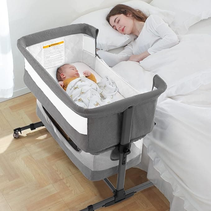 Ihoming Bassinet Bedside Sleeper for Baby, 3 in 1 Convertible Design, lnfant Bed & Bed Side Sleeper & Cradle Bassinets, Co Sleeper Bedside Crib Attaches to Bed, Deep Grey