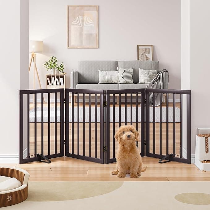 Semiocthome Bamboo Wood Dog Gate with 2 Stands Freestanding Pet Gates for Doorways and Stairs 4 Panels Puppy Gate Indoor Fully Assembled Adjustable Safety Fence 60cm x 188cm Espresso