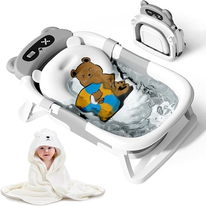 Baby Bathtub for Newborn to Toddler, Baby Bath Tub with Soft Towel and Floating Cushion, Baignoire Pour Bébé, Shower Essentials for Newborn (0-18 Months) Grey