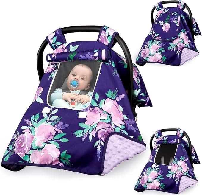 Baby Carseat Seat Cover Girls, Winter Carseat Canopy, Cozy & Warm Cover with Zipper Peep Windows, Infant Minky Carrier Cover, Soft Breathable, Baby Must Have, Purple Stuff