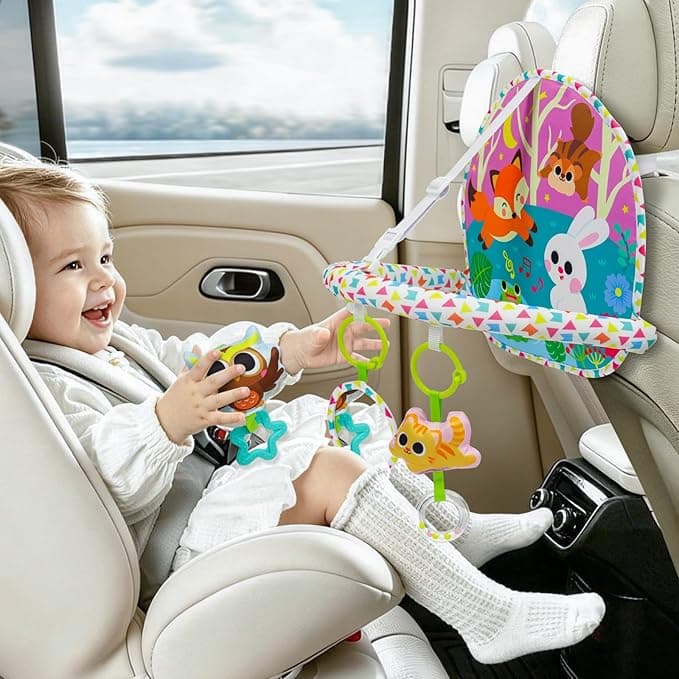 OKOOKO Car Seat Toy Rear Facing Car Seat Toy Baby Travel Toy Double-Sided with Baby Mirror Plush Toys Rattle Teether Thickened Pad Adjustable Sensory Toy for Newborn Infant