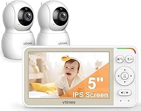 VTimes Baby Monitor with 2 Cameras, 5'' Screen Video Baby Monitor No WiFi, Remote Pan-Tilt-Zoom VOX, Two-Way Talk, Infrared Night Vision, Temperature Display, Alarm 8 Lullabies 1000ft