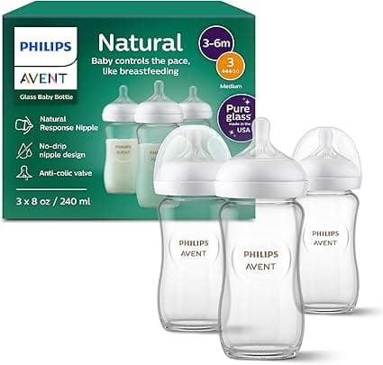 Philips Avent Natural Glass Baby Bottles with Natural Response Nipples (Medium Flow, Flow 3), 8oz, 3-pack, SCY913/03