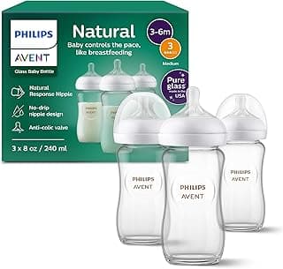 Philips Avent Natural Glass Baby Bottles with Natural Response Nipples (Medium Flow, Flow 3), 8oz, 3-pack, SCY913/03